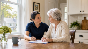 Family caregiver supporting an older adult at home in Massachusetts