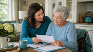 Adult child caring for an elderly parent at home in Massachusetts