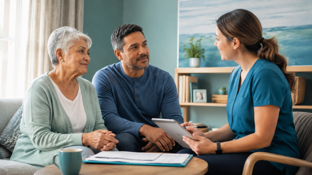 Family discussing caregiver support and Adult Foster Care in Massachusetts