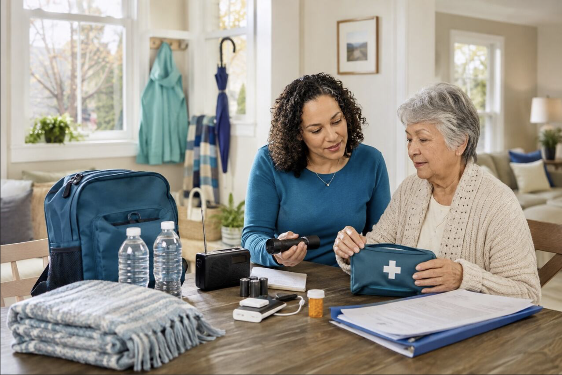 Caregiver and older adult preparing a year-round emergency kit at home