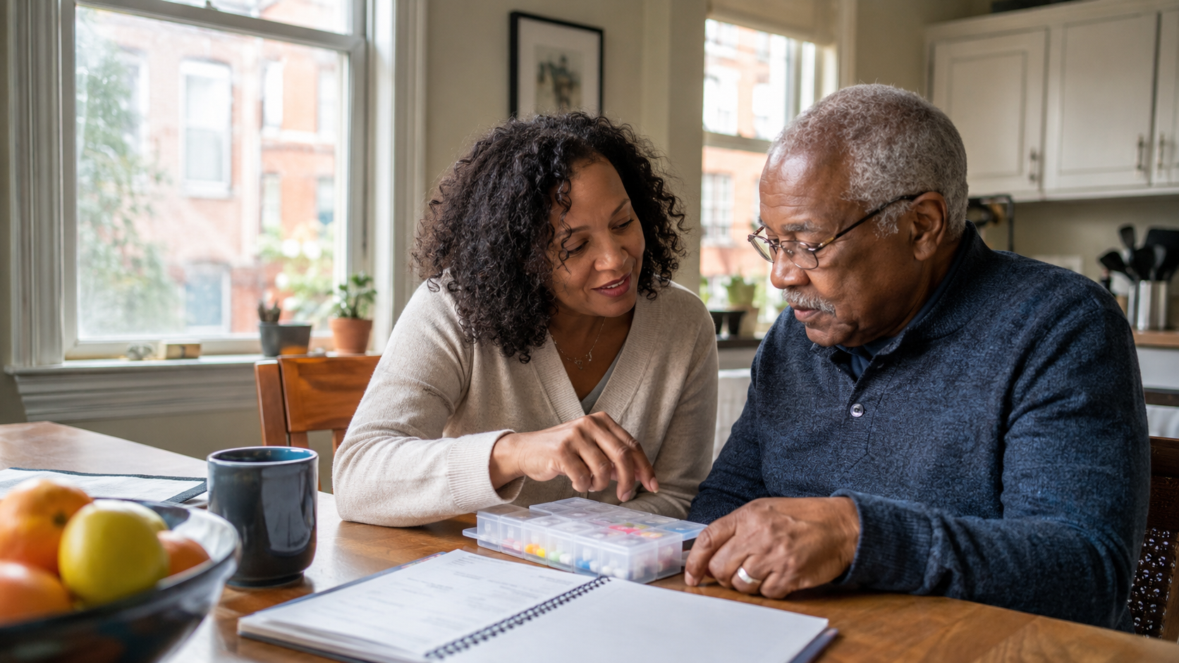 Family caregiver helping an older adult manage a daily care routine at home in Boston
