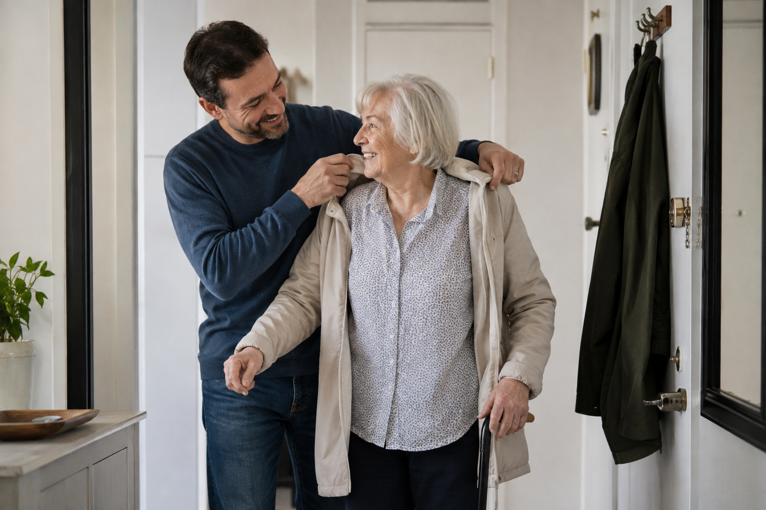 Family caregiver helping an older adult prepare to leave home safely in Greater Boston