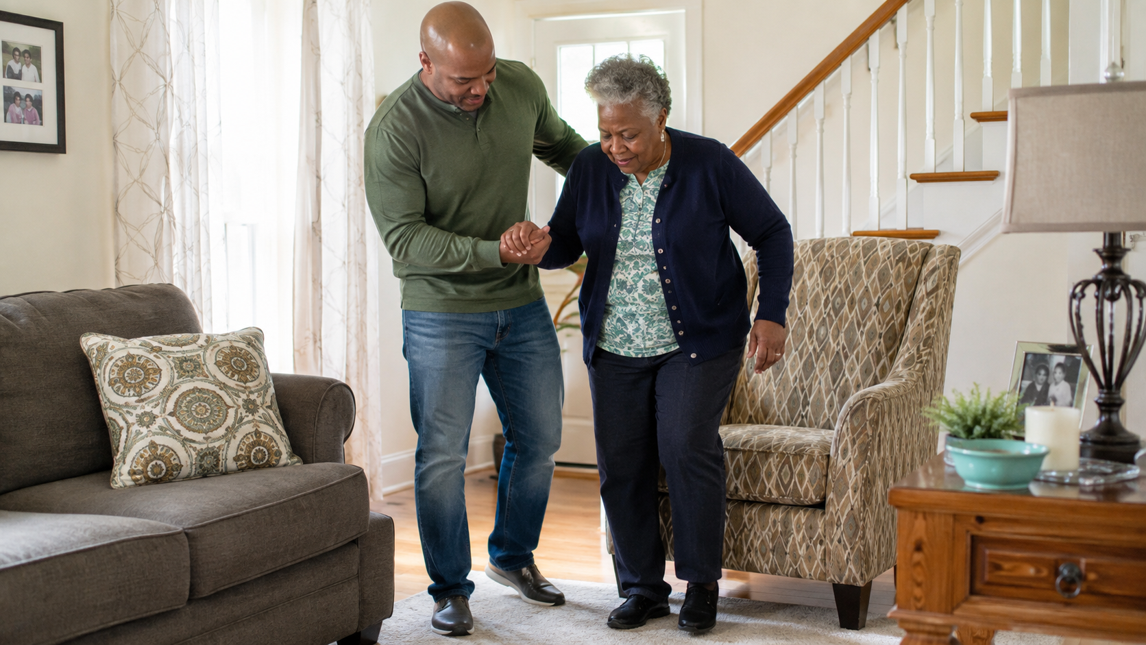 Family caregiver helping an older adult walk safely at home in Brockton, Massachusetts