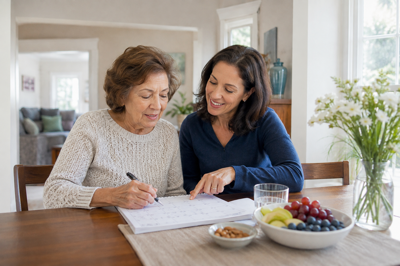 Family caregiver planning a healthy daily routine with an older adult on the South Shore