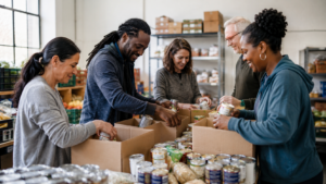 Community volunteers organizing food donations to help families facing hunger
