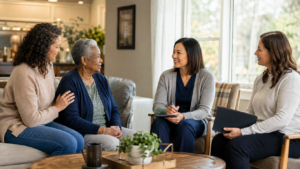 Family meeting with a nurse and care manager for Adult Foster Care support in Massachusetts