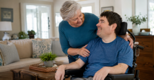 Parent supporting a disabled adult child at home in Massachusetts