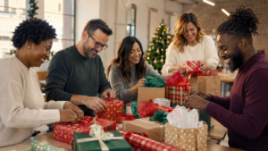 Community volunteers preparing Christmas gifts for families
