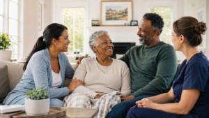 Massachusetts family caregiver, older adult and care team celebrating 13 years of support