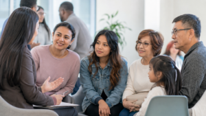 Massachusetts families participating in a multilingual community information session