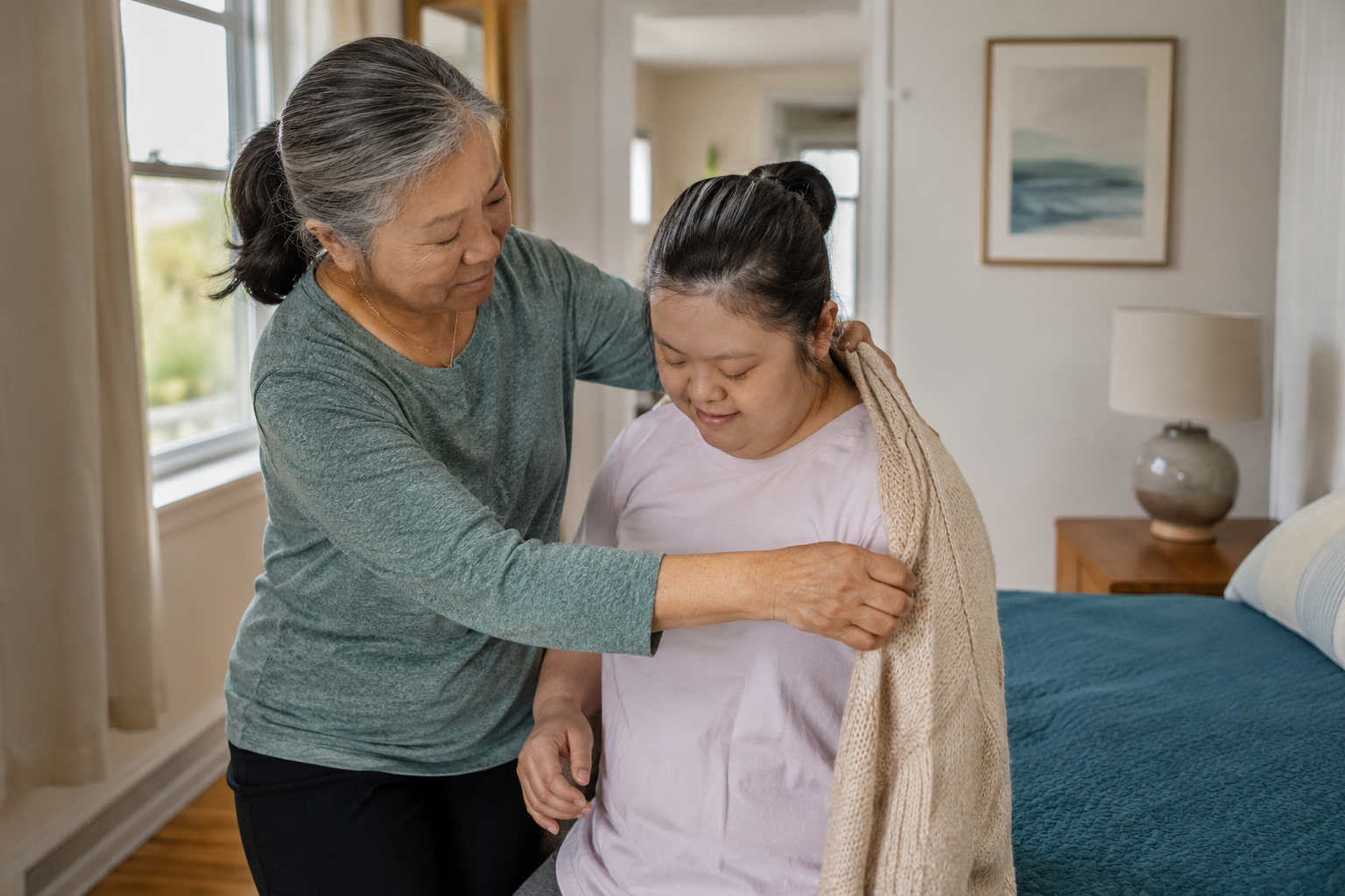 Parent helping a disabled adult daughter with dressing at home