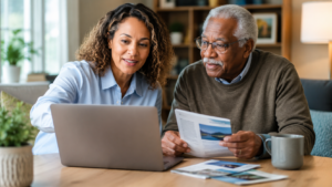 Family caregiver and older adult reviewing online caregiver education resources