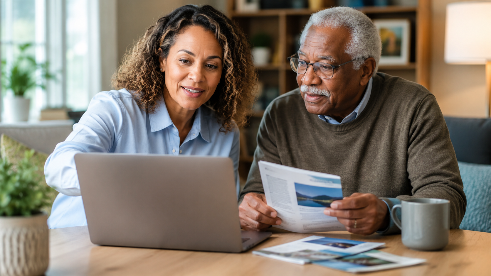 Family caregiver and older adult reviewing online caregiver education resources