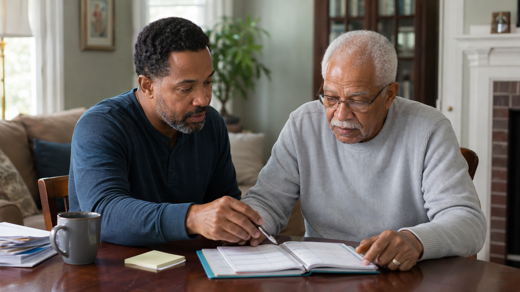 Family caregiver reviewing a daily care routine with an older adult in Fall River, Massachusetts