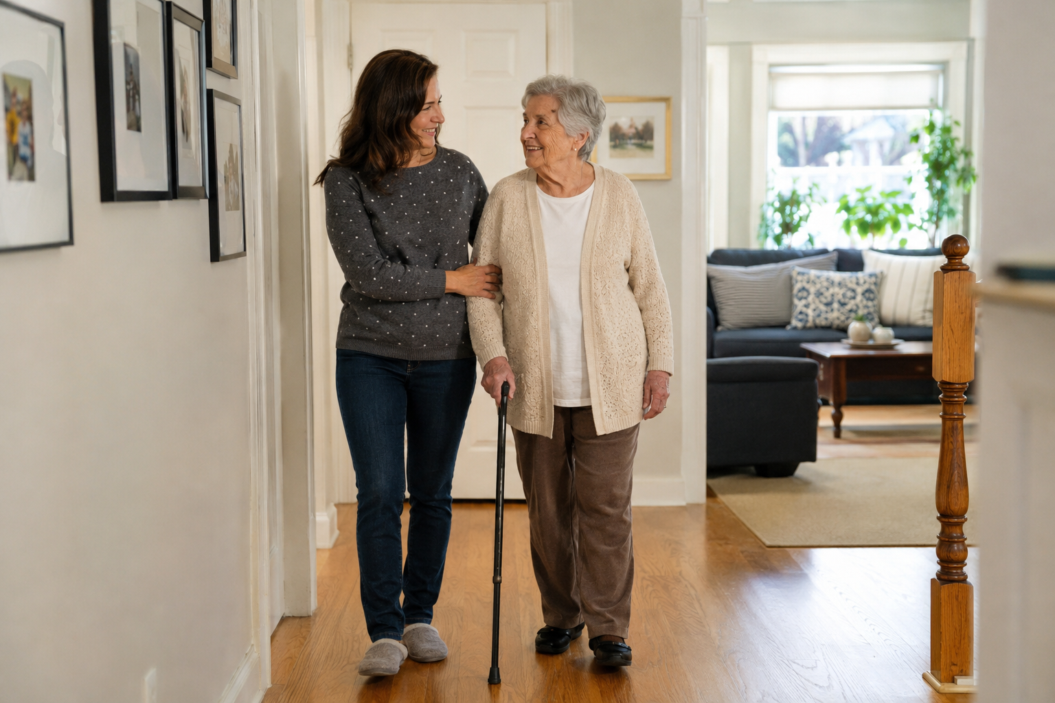 Family caregiver helping an older adult walk safely at home on the South Coast