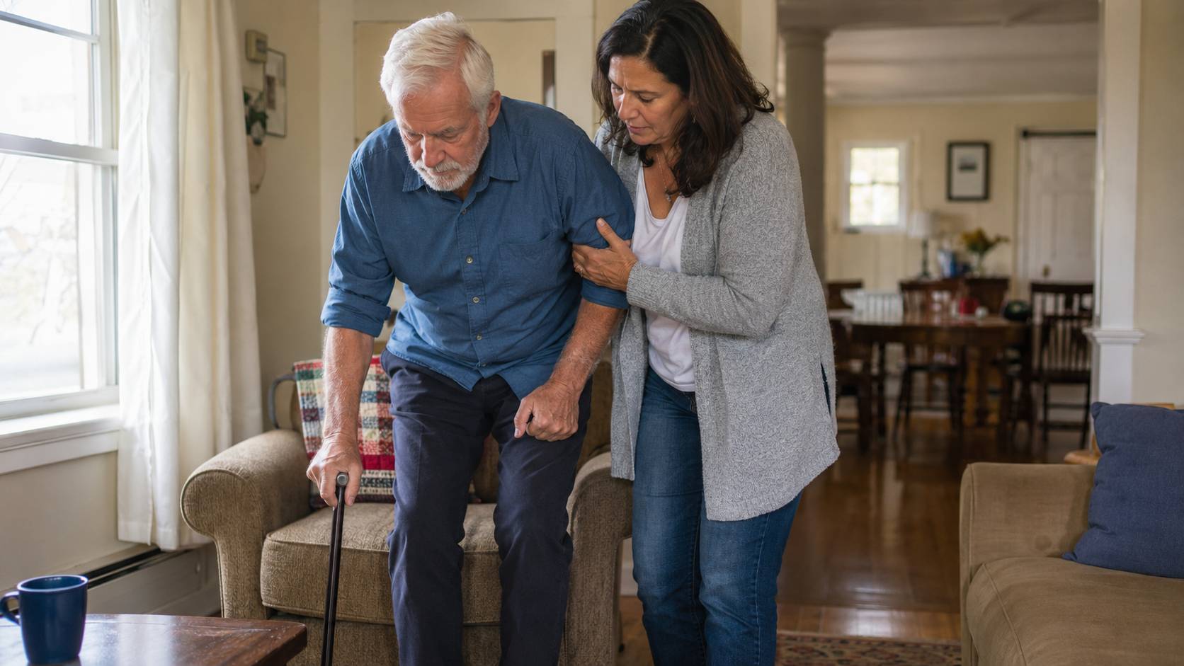 Family caregiver helping an older adult stand and walk safely at home in Fitchburg or Leominster, Massachusetts