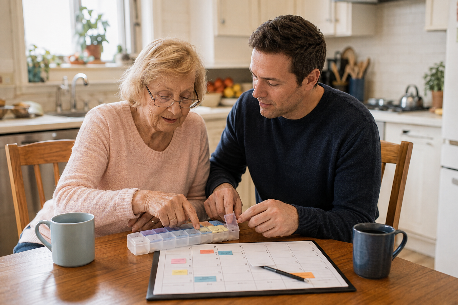 Family caregiver helping an older adult organize a daily care routine in North Central Massachusetts