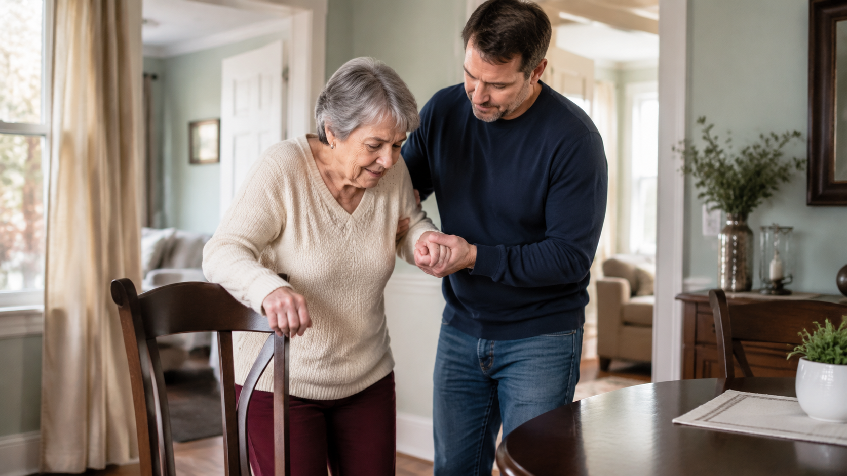 Family caregiver helping an older adult stand safely at home in Gardner, Massachusetts