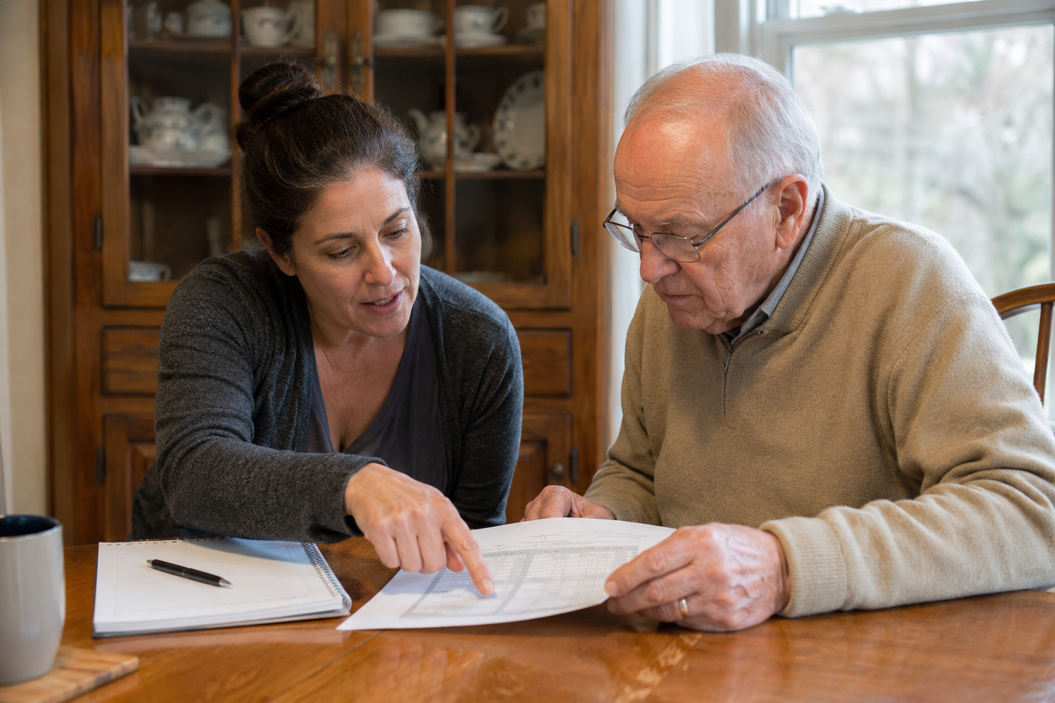 Family caregiver reviewing a daily home-care routine with an older adult in Gardner