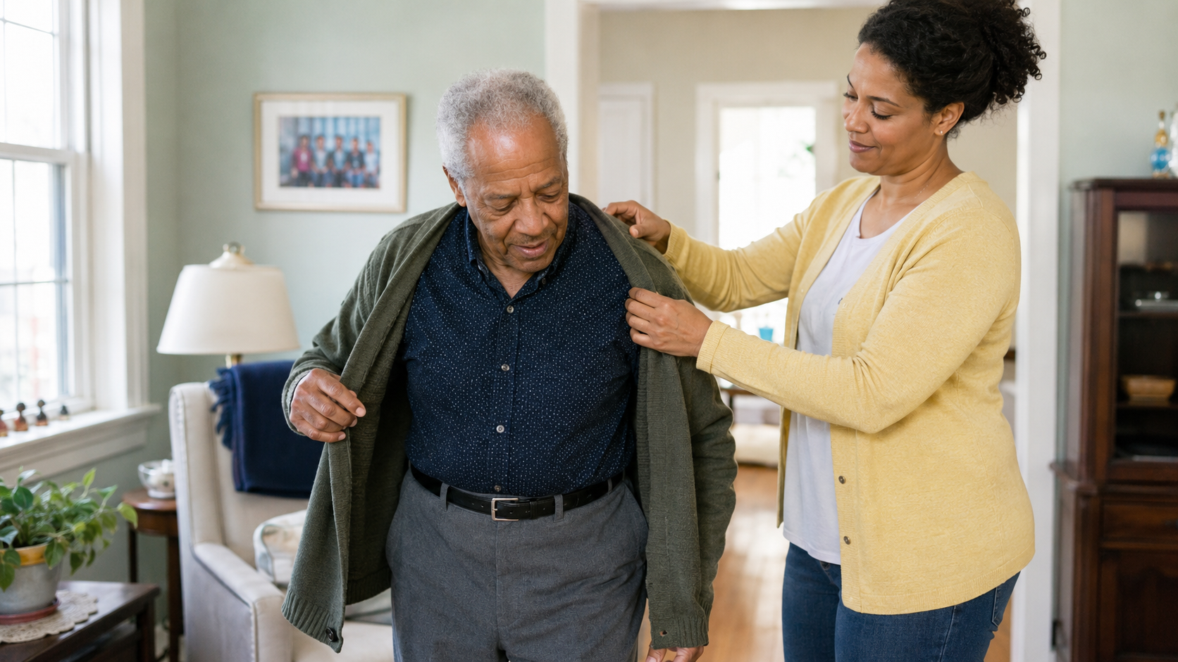 Family caregiver helping an older adult get dressed safely at home in Greenfield, Massachusetts