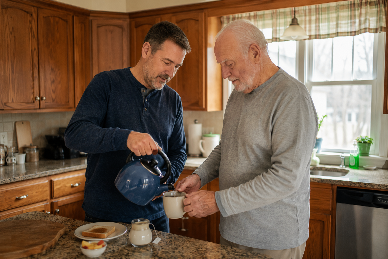 Family caregiver preparing tea and breakfast with an older adult in Franklin County