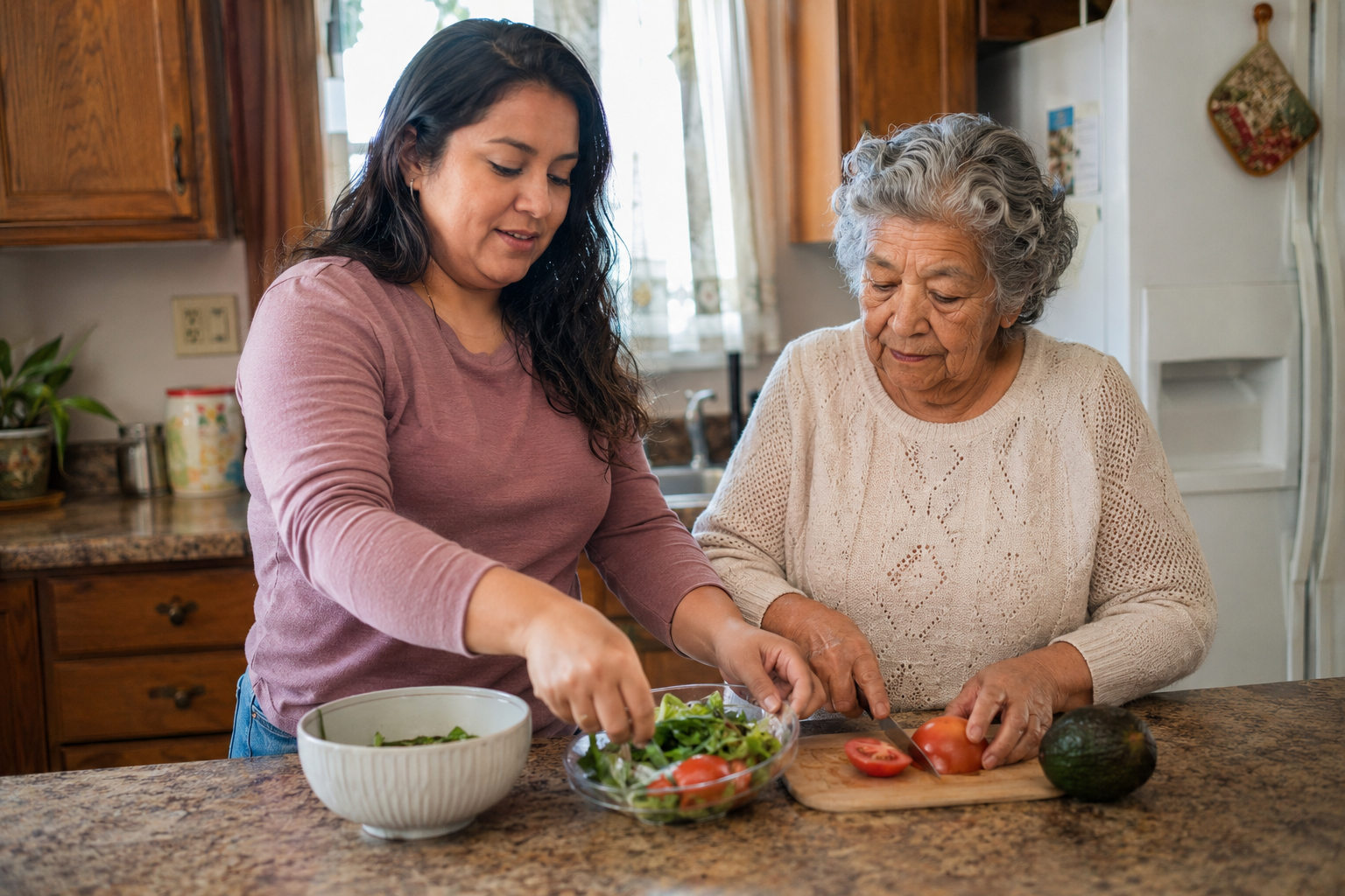 Family caregiver preparing a healthy meal with an older adult in Holyoke or Chicopee
