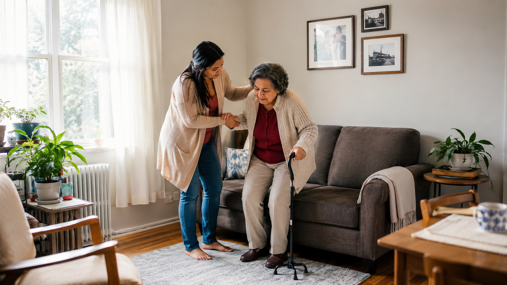 Family caregiver helping an older adult stand and walk safely at home in Lowell, Massachusetts