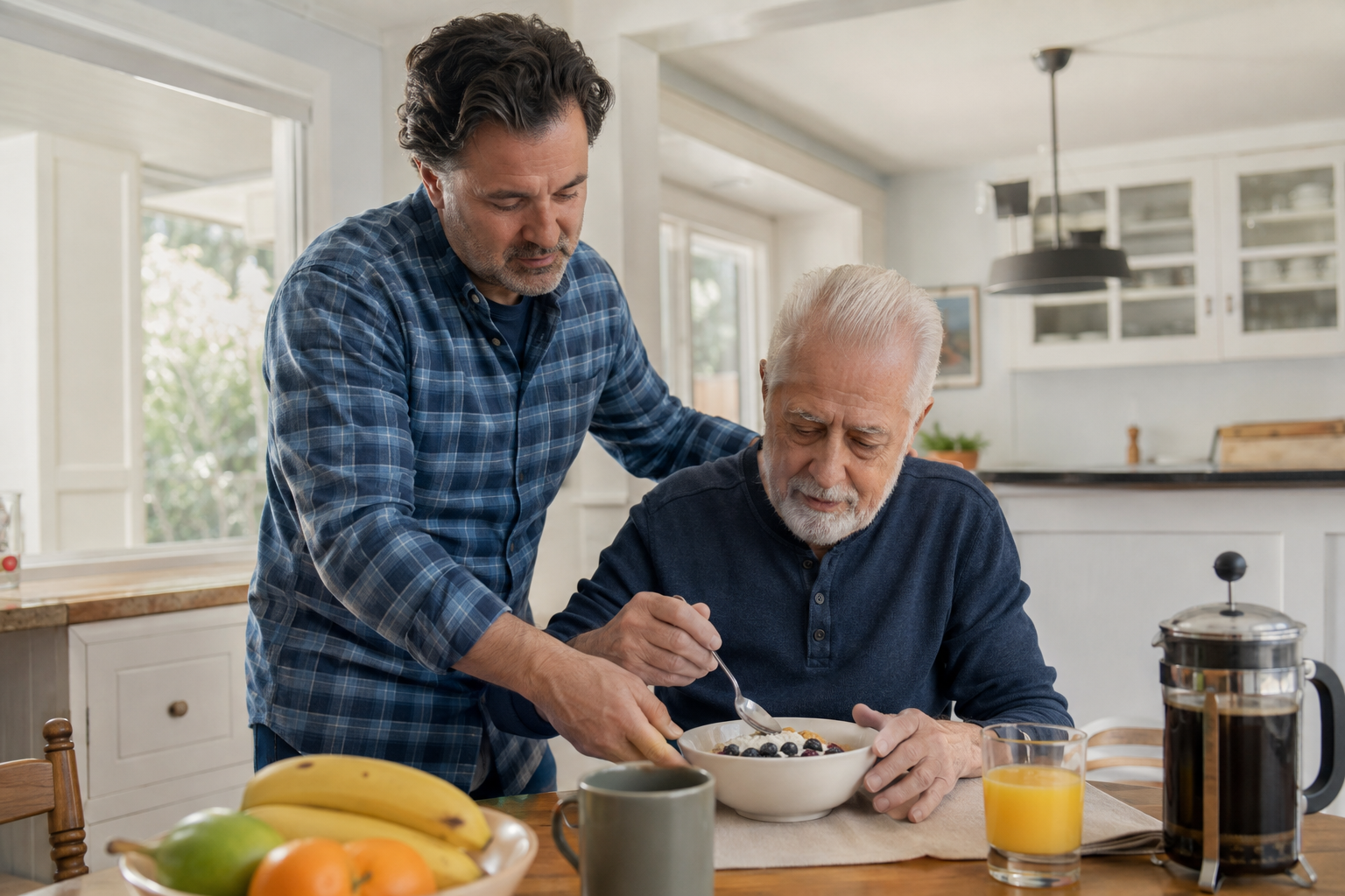 Family caregiver preparing a healthy breakfast with an older adult in the Merrimack Valley