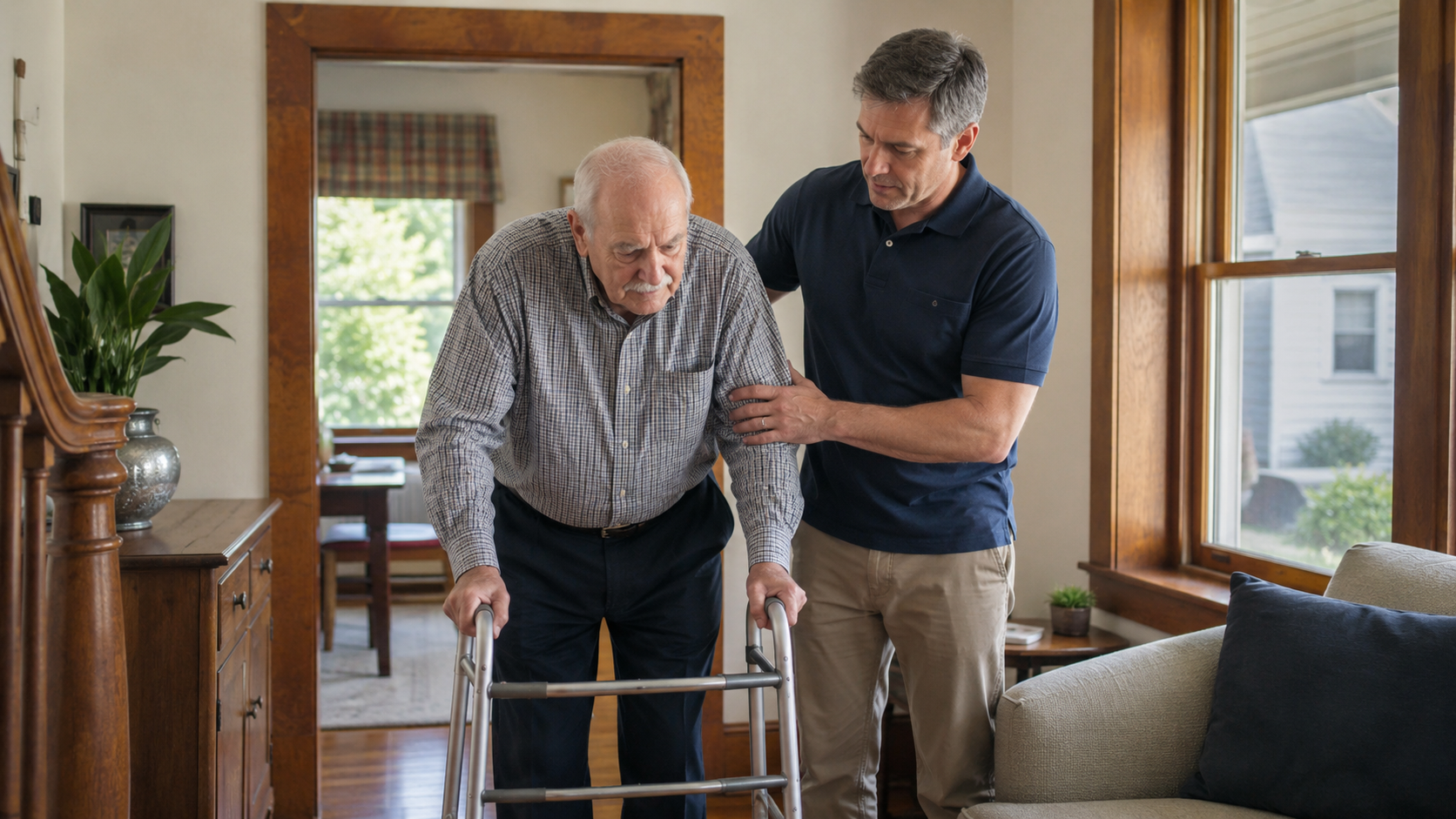 Family caregiver helping an older adult use a walker safely at home in Pittsfield, Massachusetts