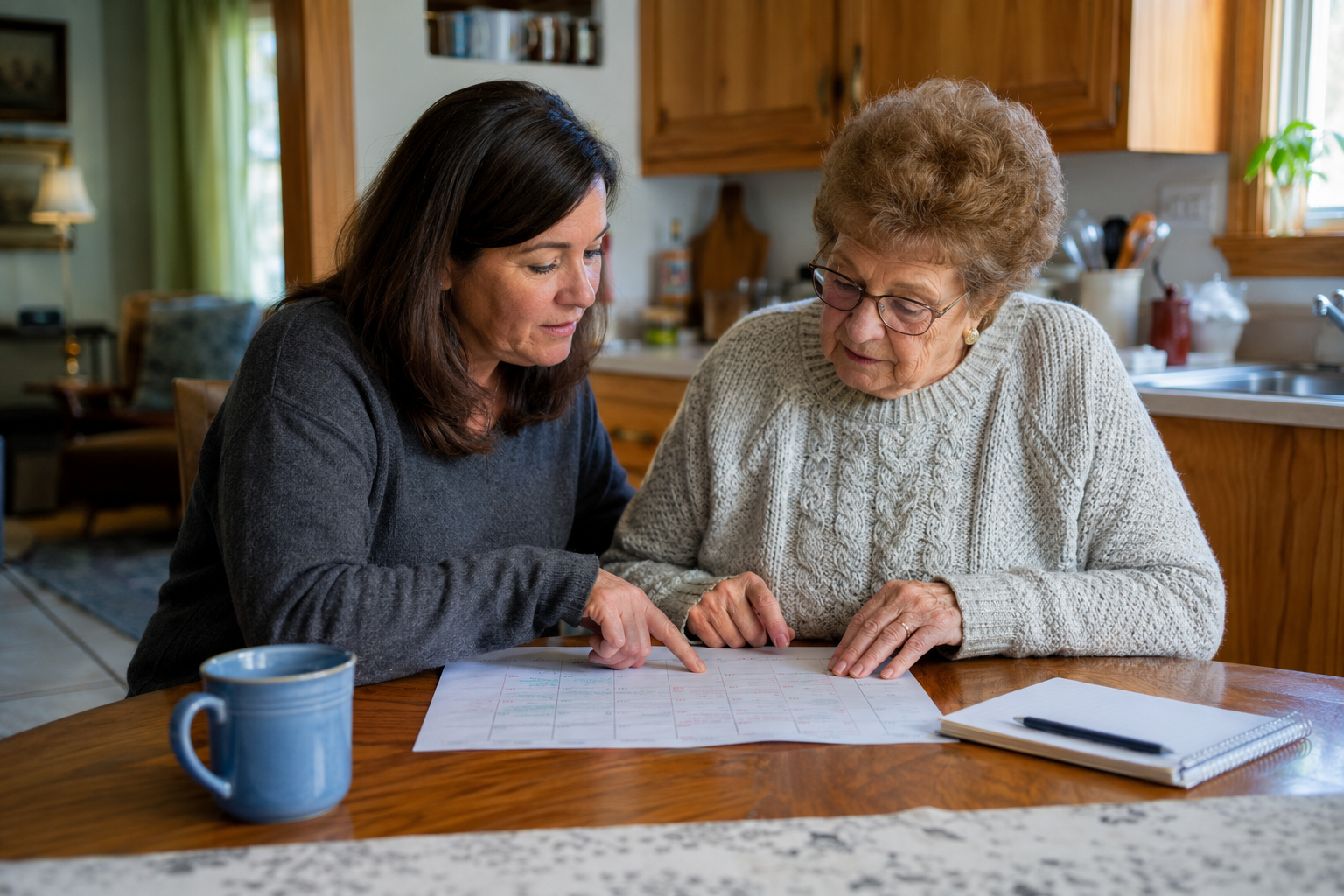 Family caregiver reviewing a weekly home-care routine with an older adult in the Berkshires