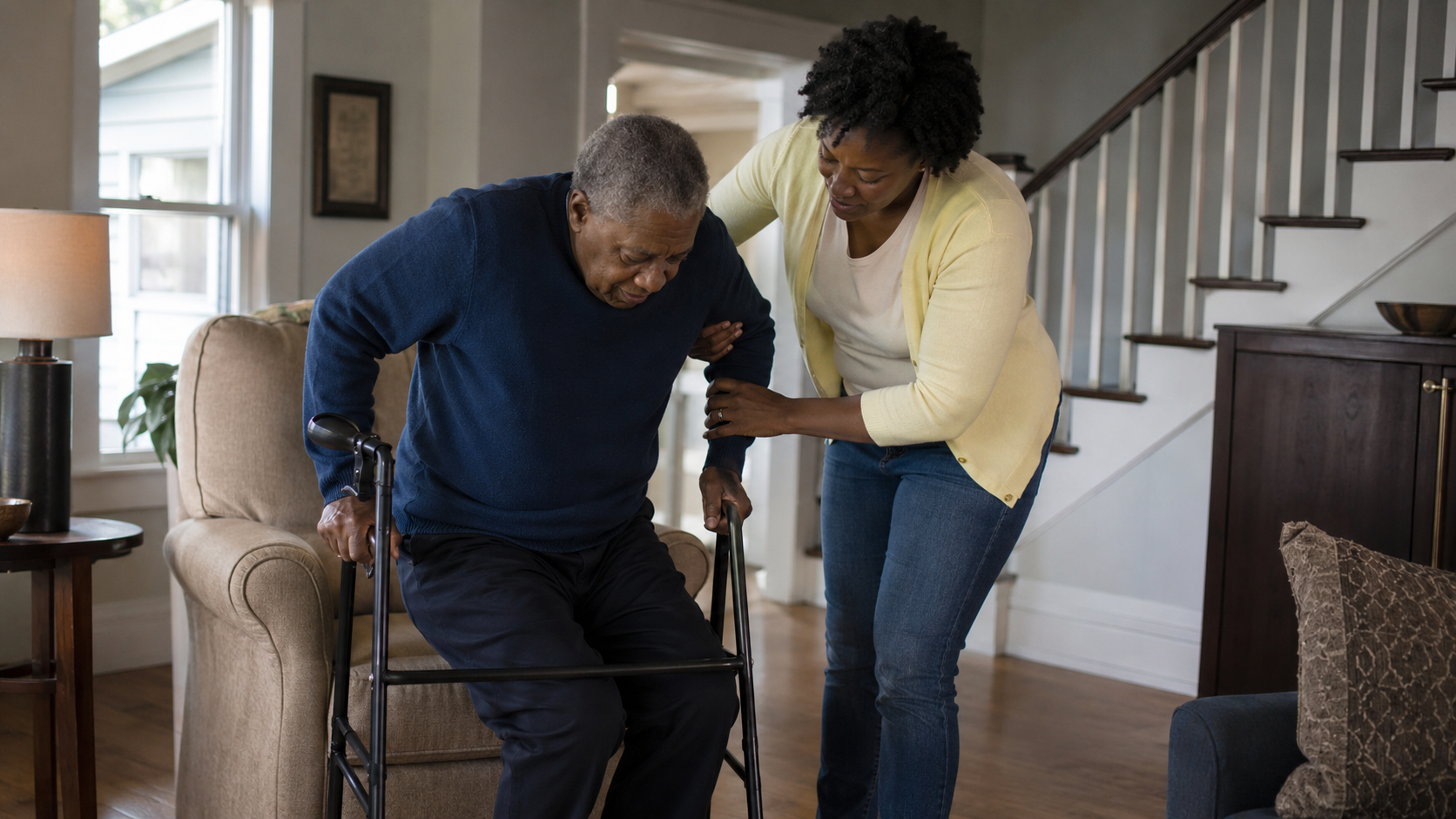 Family caregiver supporting an older adult at home in Southbridge, Massachusetts