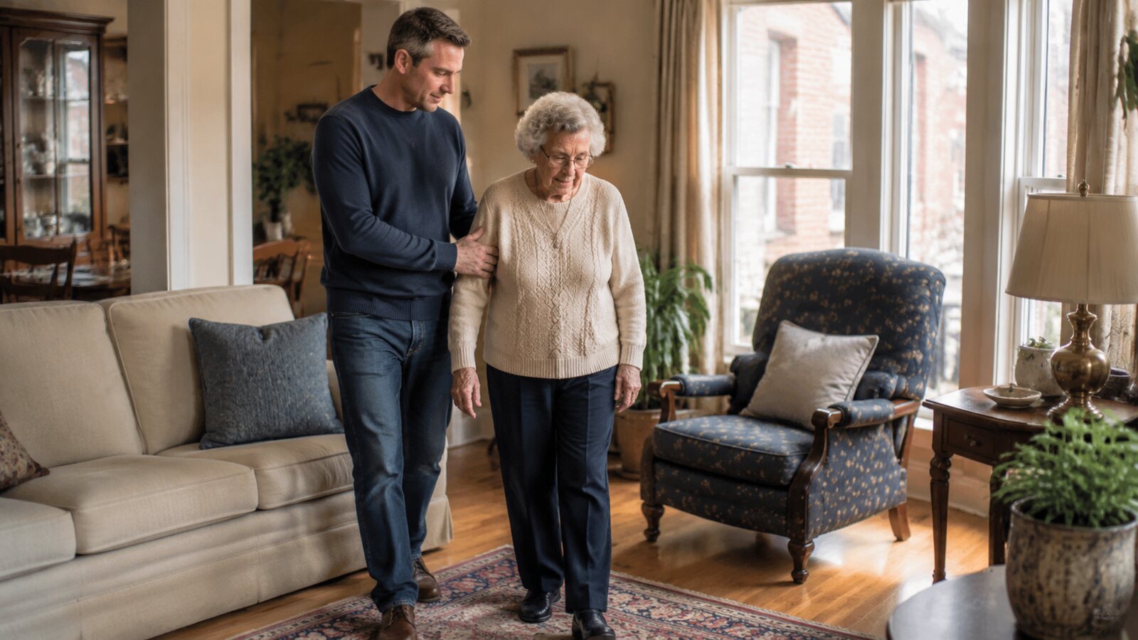 Family caregiver helping an older adult walk safely at home in Springfield, Massachusetts