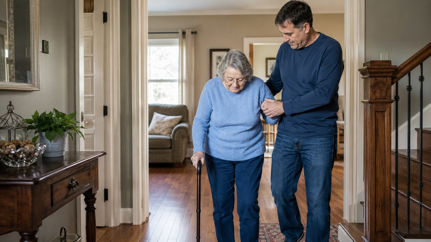 Family caregiver helping an older adult walk safely at home in Westfield, Massachusetts