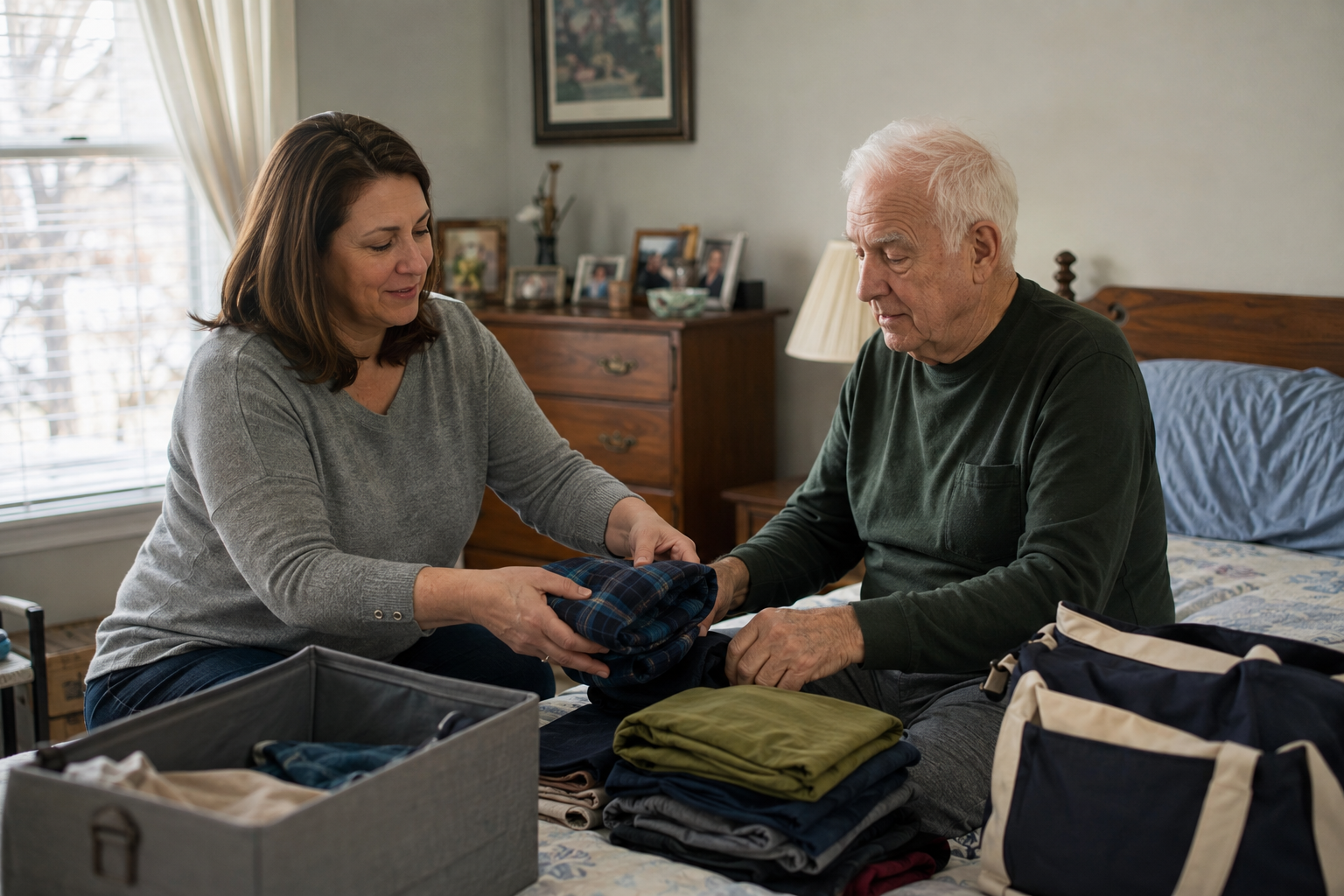 Family caregiver helping an older adult organize clothing in Western Hampden County