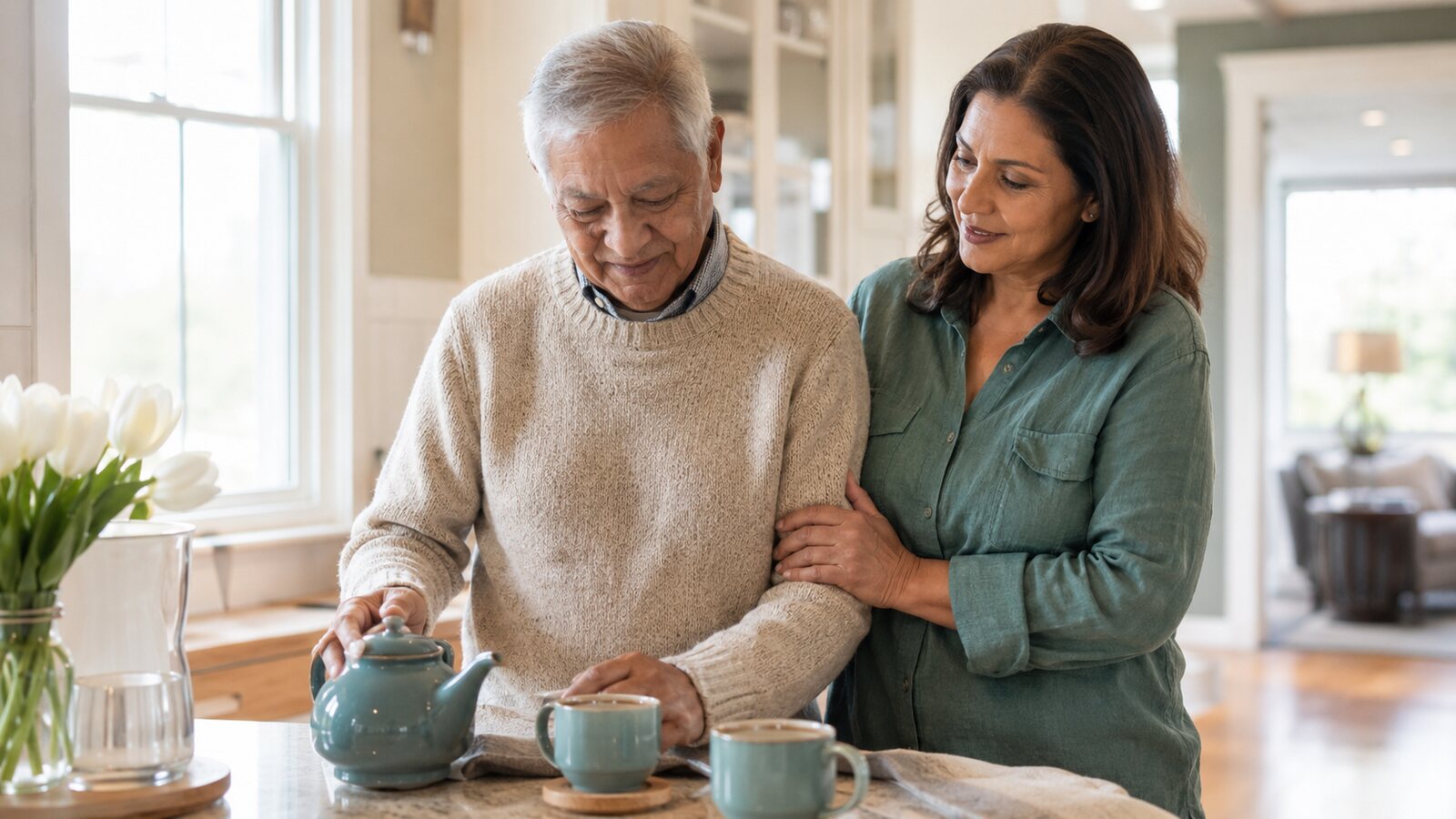 Family caregiver supporting an older adult at home in Worcester, Massachusetts