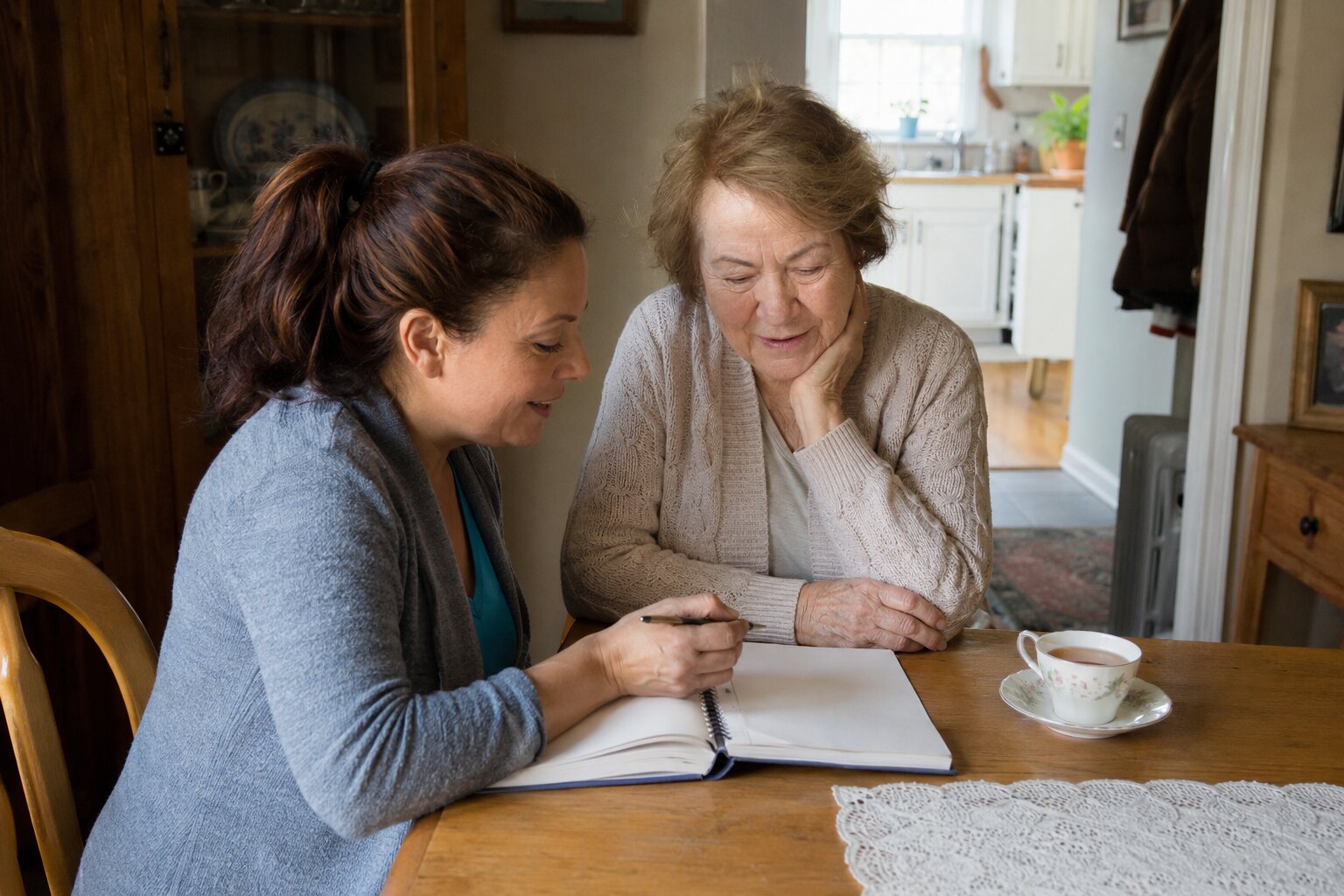 Family caregiver reviewing a daily care routine with an older adult in Worcester
