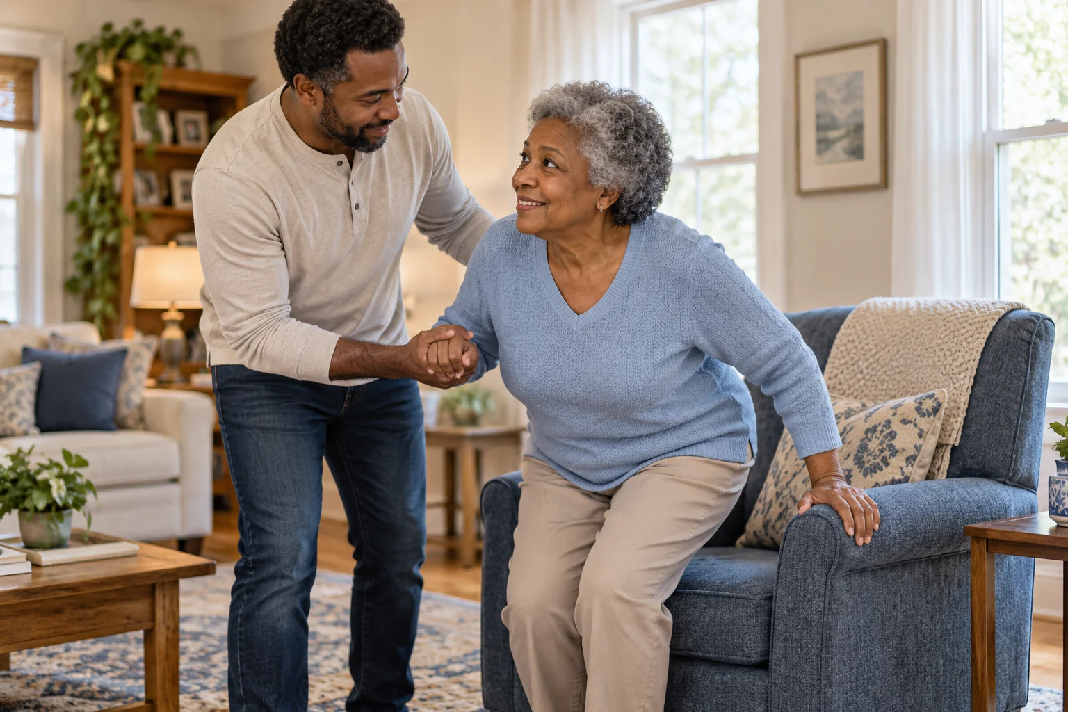 Adult son helping his mother stand from a chair at home.