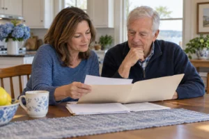 Adult daughter and her father reviewing care coverage paperwork at home.