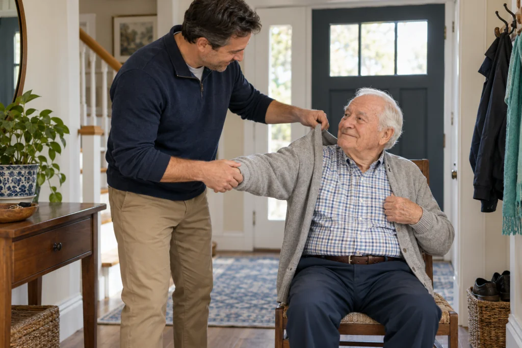 Adult son helping his seated father put on a cardigan at home.