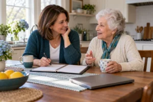Adult daughter and her mother planning care and work schedules.